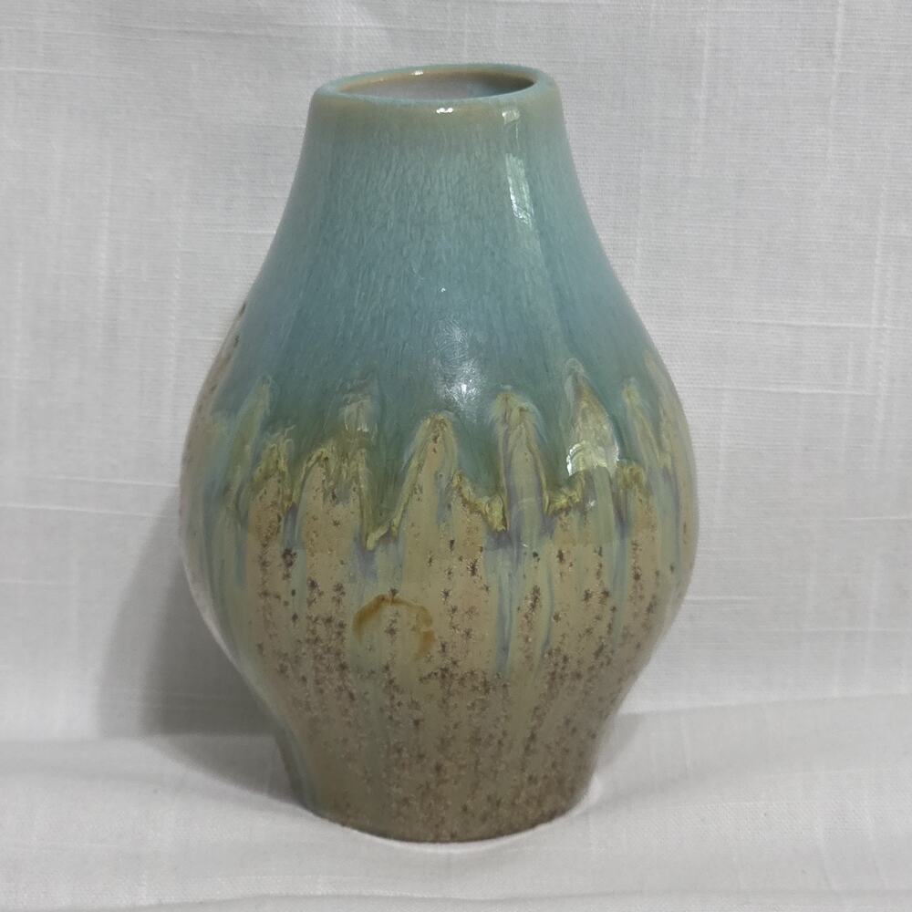 Vintage Studio Pottery Bud Vase Blue Aqua Drip Glaze Brown Speckled Ceramic 5"